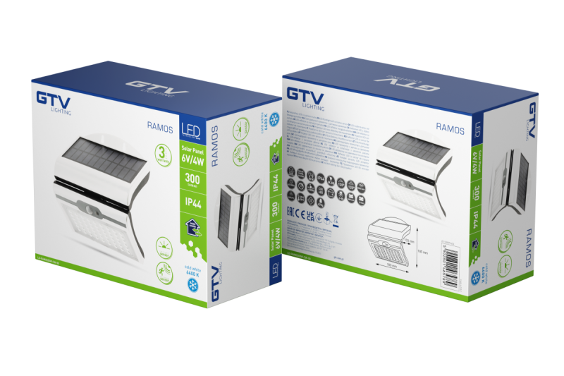 RAMOS Solar Fasád Világítás Mozgás/Alkonyat Érzékelővel, 50W, 300lm, 3,7V 1800mAh, IP44, 6000K, fehér 1208963114