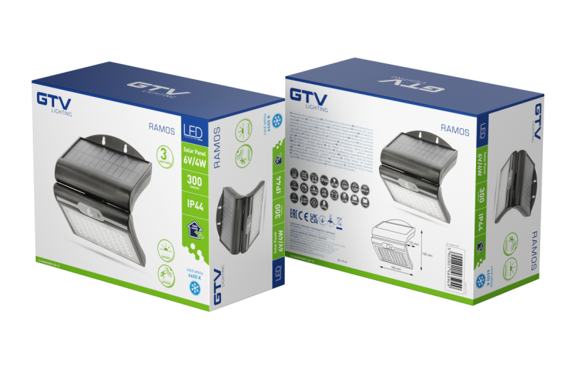 RAMOS Solar Homlokzati Világítás Mozgás/Alkonyat Érzékelővel, 50W, 300lm, 3,7V 1800mAh, IP44, 6000K, Fekete 1208963115