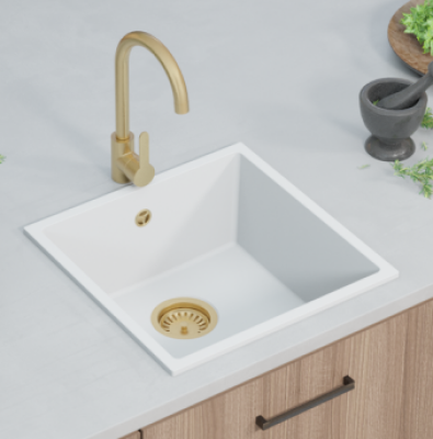 GraniteMy Universele granieten witte spoelbak 40x40 cm wit opbouw onderbouw en vlakbouw met rvs plug 1208966879