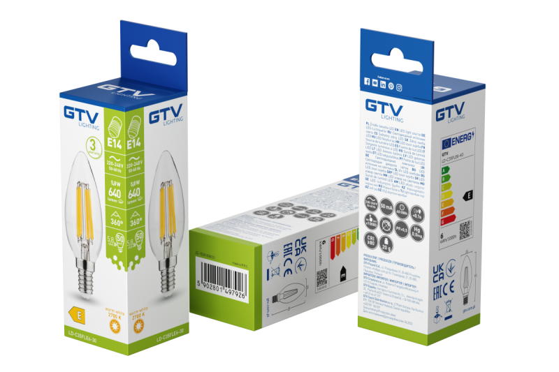 LED FÉNYFORRÁS, FILAMENT, A-G, C35, 2700K, E14, 5,8W, AC220-240V, 360°, 640lm, 50mA 1208966964