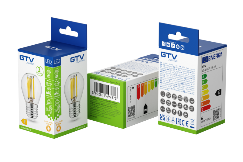 LED FÉNYFORRÁS, FILAMENS, A-G, G45, 2700K, E27, 5,8W, AC220-240V, 360°, 640lm, 50mA 1208966966