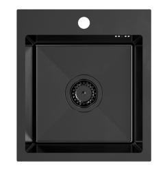 Quadri Dixton 40 szett fekete rozsdamentes acél mosogatóval nano PVD bevonattal, 400x450 mm méretben, csaptelep nyílással és Quadri Bristol konyhai csapteleppel.