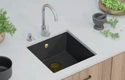 GraniteMy Universele granieten zwarte spoelbak 40x40 cm, zwart, opbouw, onderbouw en vlakbouw met gouden plug 1208967113