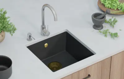 GraniteMy Universele granieten zwarte spoelbak 40x40 cm, zwart, opbouw, onderbouw en vlakbouw met gouden plug 1208967113
