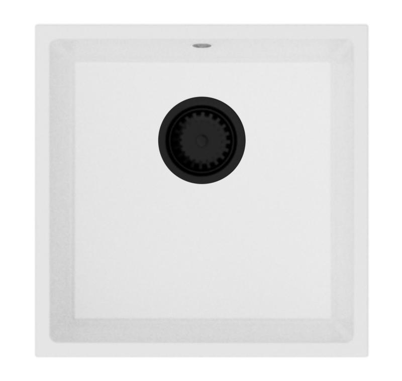 GraniteMy Universele granieten witte spoelbak 40x40 cm fehér felületi, alsó és süllyesztett beépítéssel fekete dugóval 1208967128