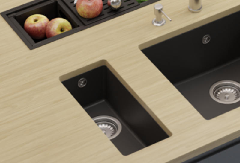 GraniteMy Universele granieten kleine zwarte spoelbak 17x40 cm zwart opbouw onderbouw en vlakbouw met zwarte plug 1208967140