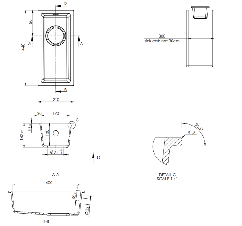 GraniteMy Universele granieten kleine zwarte spoelbak 17x40 cm zwart opbouw onderbouw en vlakbouw met koperen plug 1208967141