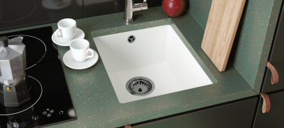 GraniteMy Universele granieten witte spoelbak 34x40 cm fehér, felépítési, aláépítési és süllyesztett beépítési lehetőségekkel, réz dugóval 1208967148