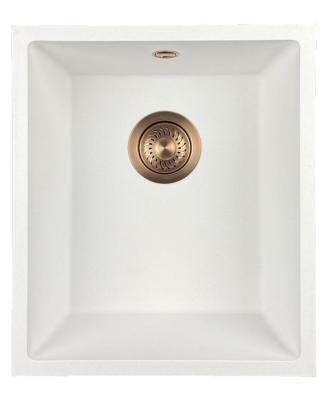 GraniteMy Universele granieten witte spoelbak 34x40 cm fehér, felépítési, aláépítési és süllyesztett beépítési lehetőségekkel, réz dugóval 1208967148