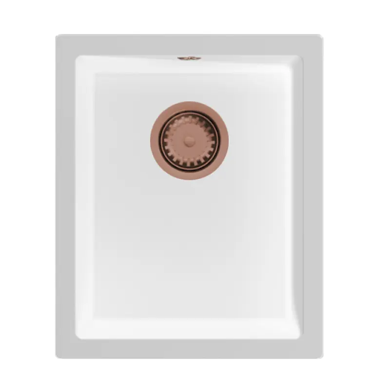 GraniteMy Universele granieten witte spoelbak 34x40 cm fehér, felépítési, aláépítési és süllyesztett beépítési lehetőségekkel, réz dugóval 1208967148