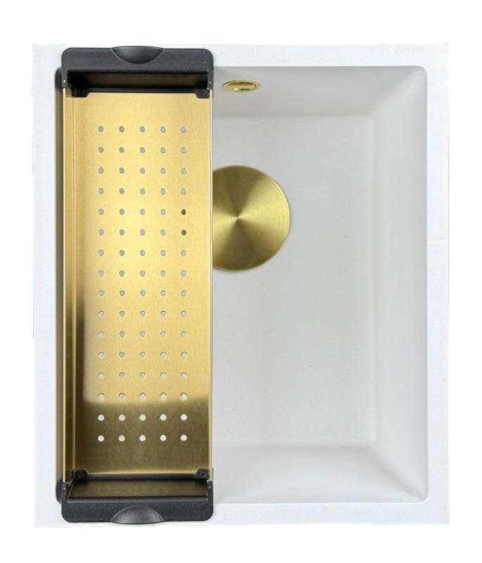 GraniteMy Universele granieten witte spoelbak 34x40 cm fehér felépítmény, aláépíthető és síkba építhető arany dugóval 1208967149