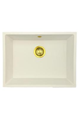 GraniteMy Universele granieten witte spoelbak 55x40 cm wit opbouw onderbouw en vlakbouw met gouden plug 1208967155
