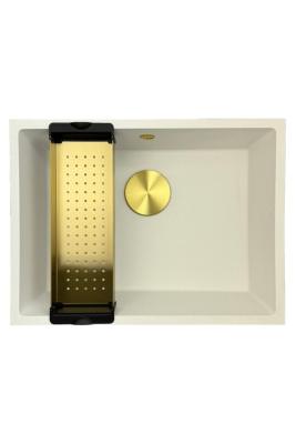 GraniteMy Universele granieten witte spoelbak 55x40 cm wit opbouw onderbouw en vlakbouw met gouden plug 1208967155