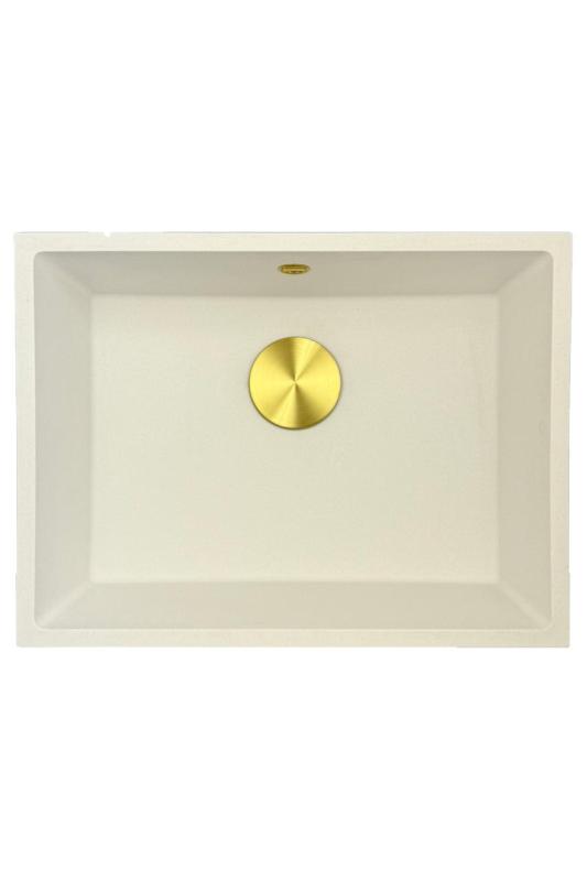GraniteMy Universele granieten witte spoelbak 55x40 cm wit opbouw onderbouw en vlakbouw met gouden plug 1208967155