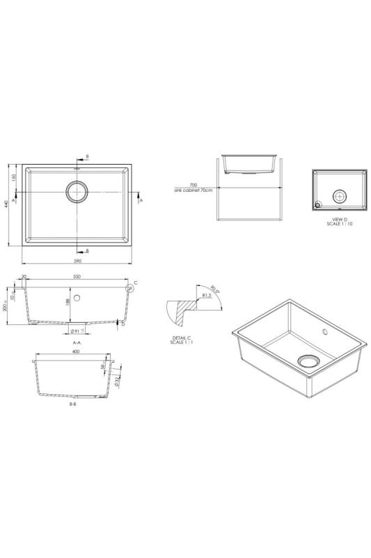 GraniteMy Universele granieten witte spoelbak 55x40 cm wit opbouw onderbouw en vlakbouw met gouden plug 1208967155