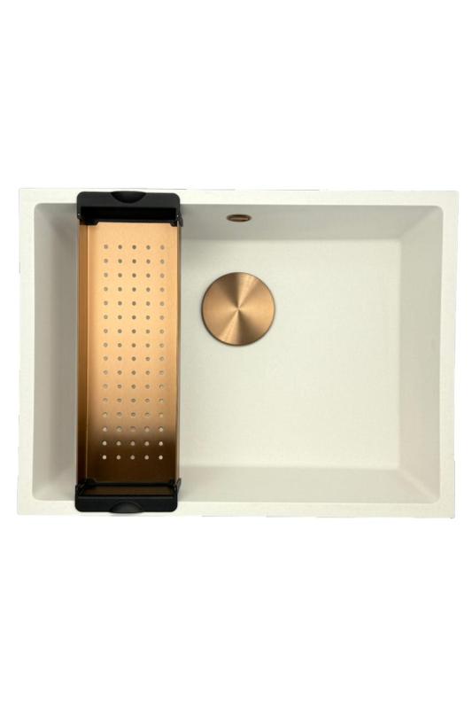 GraniteMy Universele granieten witte spoelbak 55x40 cm wit opbouw, onderbouw en vlakbouw met koperen plug 1208967156