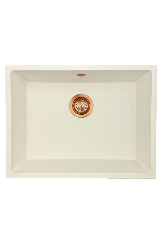 GraniteMy Universele granieten witte spoelbak 55x40 cm wit opbouw, onderbouw en vlakbouw met koperen plug 1208967156