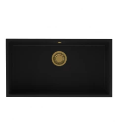 GraniteMy Universele granieten grote zwarte spoelbak 74x40 cm opbouw, onderbouw en vlakbouw met gouden plug 1208967159