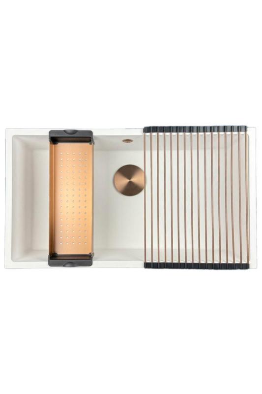 GraniteMy Universele granieten grote witte spoelbak 74x40 cm wit opbouw, onderbouw en vlakbouw met koperen plug 1208967162