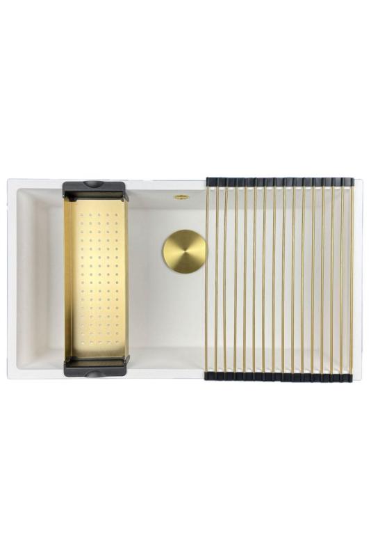 GraniteMy Universele grote witte granieten spoelbak 74x40 cm wit, geschikt voor opbouw, onderbouw en vlakbouw, met gouden plug 1208967163