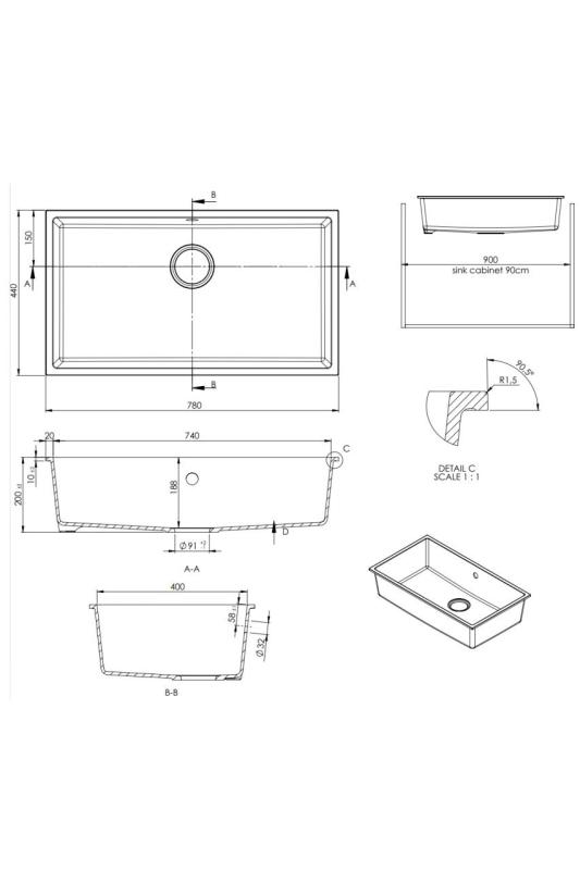 GraniteMy Universele grote witte granieten spoelbak 74x40 cm wit, geschikt voor opbouw, onderbouw en vlakbouw, met gouden plug 1208967163