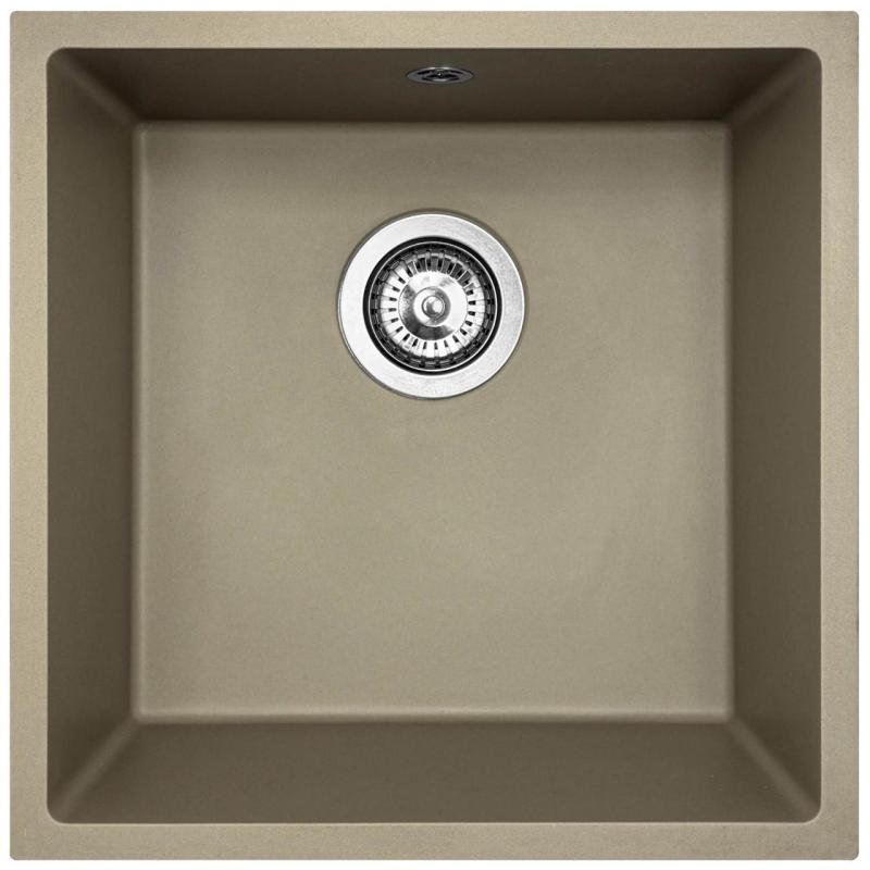 GraniteMy Universele granieten taupe spoelbak 40x40 cm voor opbouw, onderbouw en vlakbouw met rvs plug 1208967211