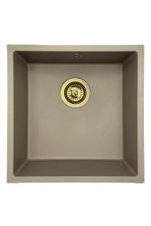 GraniteMy Universele granieten taupe spoelbak 40x40 cm opbouw, onderbouw en vlakbouw met gouden plug 1208967215
