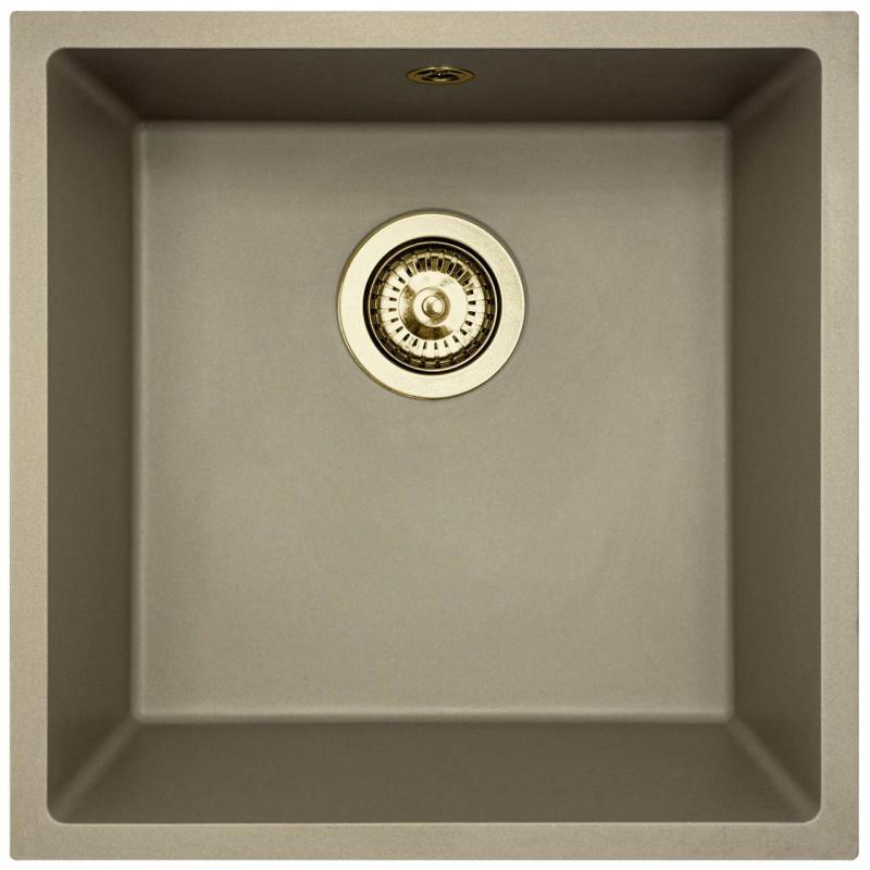 GraniteMy Universele granieten taupe spoelbak 40x40 cm opbouw, onderbouw en vlakbouw met gouden plug 1208967215