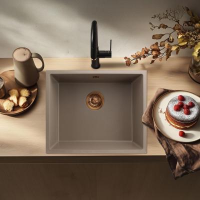 GraniteMy Universele taupe granieten spoelbak 50x40 cm, geschikt voor opbouw, onderbouw en vlakbouw, met koperen plug 1208967225