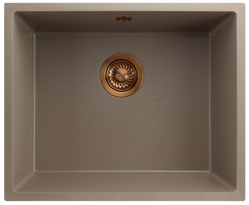 GraniteMy Universele taupe granieten spoelbak 50x40 cm, geschikt voor opbouw, onderbouw en vlakbouw, met koperen plug 1208967225