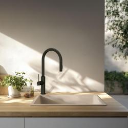 GraniteMy Universele granieten beige zand spoelbak 40x40 cm opbouw, onderbouw en vlakbouw met zwarte plug 1208967232