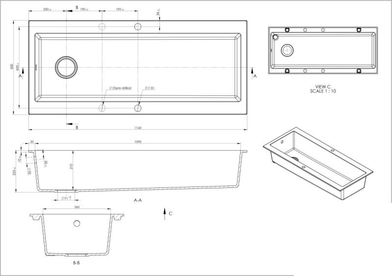 GraniteMy Trog nagy fekete gránit mosogató 116x50 cm fekete felépítés arany dugóval és csaptelep hellyel 1208967239