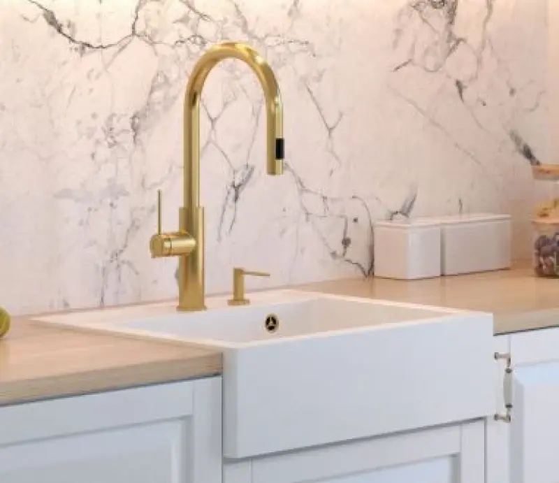 Quadri Boerderij landelijke inbouw of opbouw granieten spoelbak mat wit met gouden plug 595x540mm 1208967264