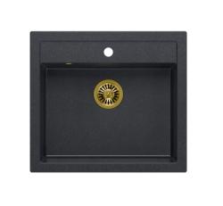 Quadri Boerderijstijl landelijke inbouw of opbouw granieten spoelbak antraciet met gouden plug 595x540mm 1208967267