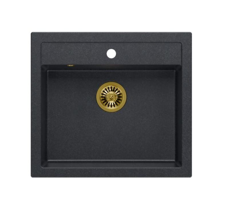 Quadri Boerderijstijl landelijke inbouw of opbouw granieten spoelbak antraciet met gouden plug 595x540mm 1208967267
