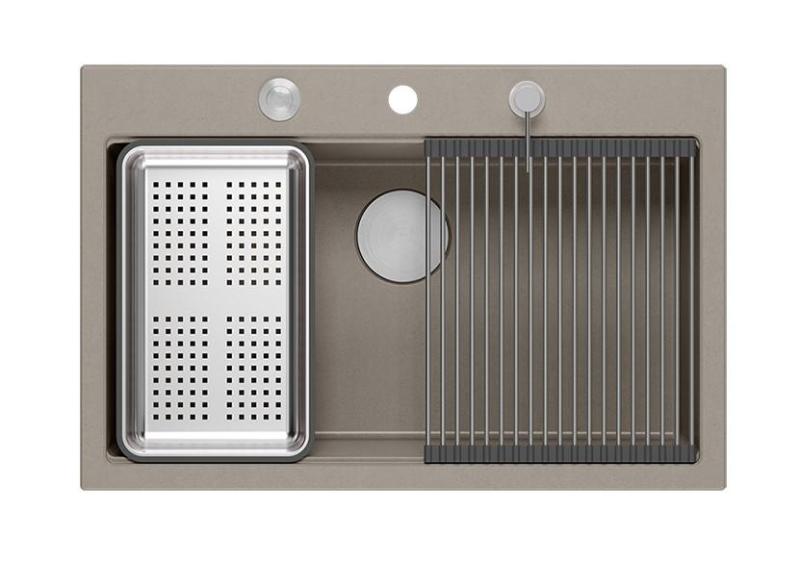 Quadri Hard Rock taupe gránit mosogató tálca 76x50 cm, beleértve a rozsdamentes acél dugót és tartozékokat 1208967270