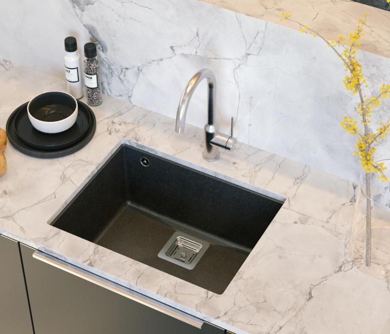 Quadri Quadrangle antraciet gránit alsó szerelésű mosogató 55x42cm rozsdamentes acél dugóval 1208967273