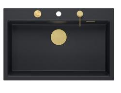 Quadri Hard Rock matzwarte granieten opbouw grote spoelbak 76x50 cm inclusief gouden plug en accessoires 1208967277