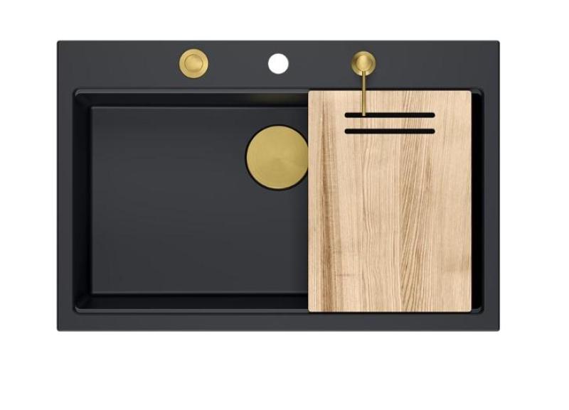 Quadri Hard Rock matzwarte granieten opbouw grote spoelbak 76x50 cm inclusief gouden plug en accessoires 1208967277