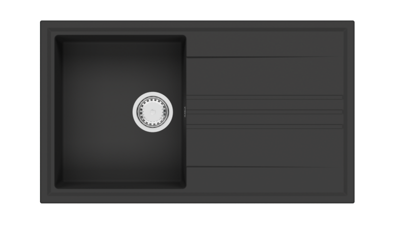 GraniteMy Vesi gránit felületű fekete mosogató 86x50cm csepegtetővel, fordítható rozsdamentes acél dugóval 1208967279