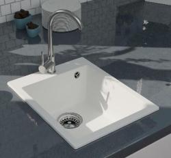GraniteMy Bremen gránit fehér mosogató 40x50 cm fehér felépítmény, alépítmény és síkbeépítés csapteleppel és rozsdamentes acél dugóval 1208967284