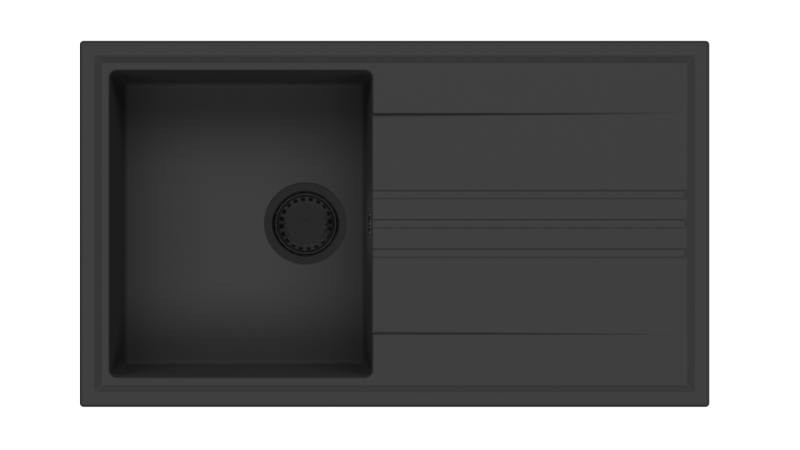 GraniteMy Vesi gránit felületű fekete mosogató 86x50cm csepegtetővel, fordítható fekete dugóval 1208967288