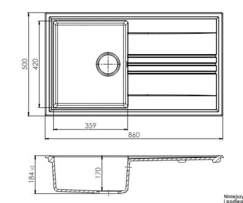 GraniteMy Vesi gránit felépítésű fekete mosogató 86x50cm csepegtetővel, fordítható arany dugóval 1208967289