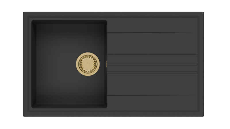 GraniteMy Vesi gránit felépítésű fekete mosogató 86x50cm csepegtetővel, fordítható arany dugóval 1208967289