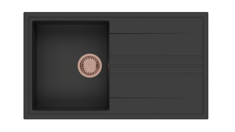 GraniteMy Vesi gránit fekete felépítésű mosogató 86x50cm csepegtetővel, fordítható réz dugóval 1208967290