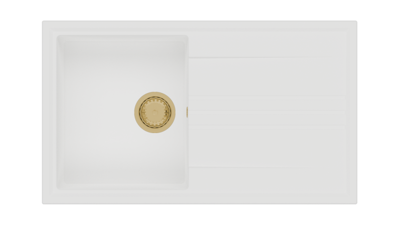 GraniteMy Vesi gránit felépítésű fehér mosogató 86x50cm csepegtetővel, fordítható arany dugóval 1208967293