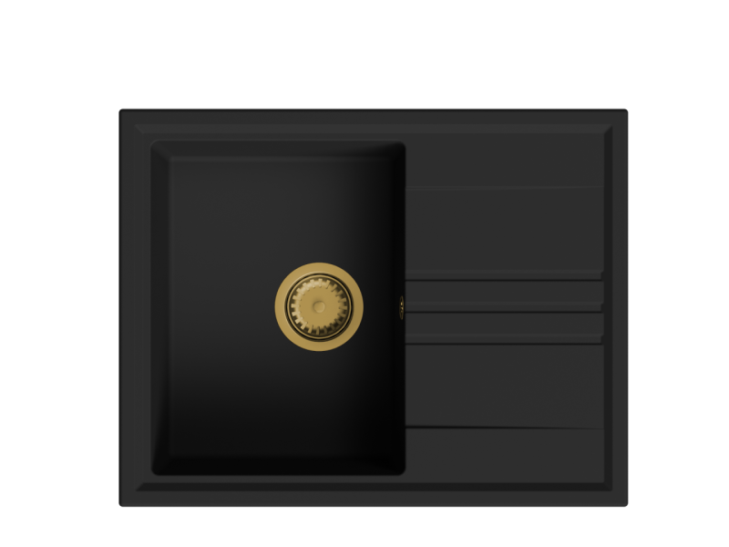 GraniteMy Vesi gránit felépítésű fekete mosogató 64x50cm csepegtetővel, fordítható arany dugóval 1208967296