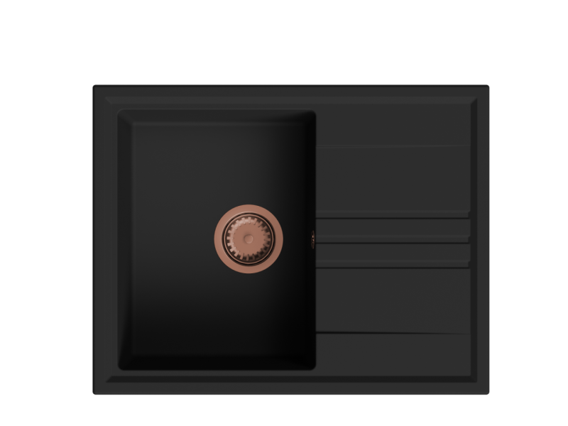 GraniteMy Vesi granit felépítésű fekete mosogató 64x50cm csepegtetővel, fordítható réz dugóval 1208967297