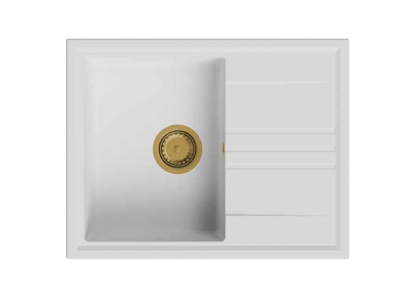 GraniteMy Vesi granit felépítésű fehér mosogató 64x50cm csepegtetővel, arany (kefézett sárgaréz) dugóval fordítható 1208967300