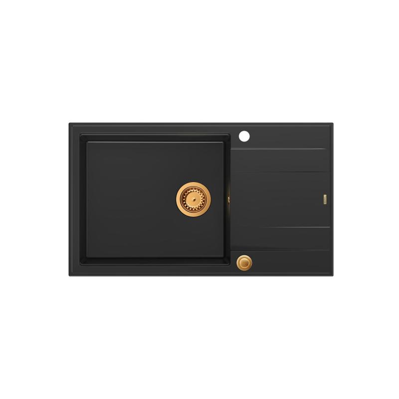 Quadri Luton fekete gránit felépítési mosogató nagy méretben, csepegtetővel, fordítható 86x50cm-es méretben, réz dugóval 1208967326